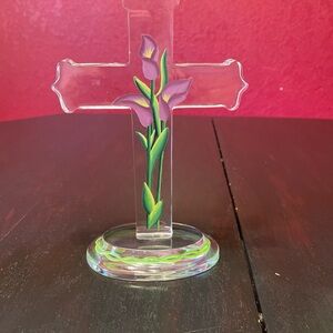 Hand-Painted Glass Cross with Purple Floral Motif